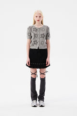 チェリージャカードパターンショートスリーブカーディガン / CHERRY JACQUARD PATTERN SHORT SLEEVE CARDIGAN [MELANGE GRAY]