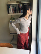 ムンドショルダースリーブスリットカットアウトウォーマーリブフードジップアップ