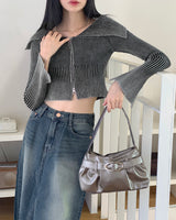 Elfu Gradient Two-Tone Off-Shoulder V-Neck Two-Way Long-Sleeved Knitwear Zip-Up