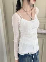 Pchiron see-through ribbon strap long-sleeve blouse
