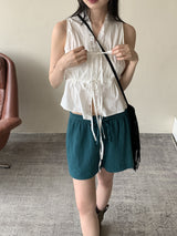 リウムプリーツシャーリングストリングノースリーブブラウス / Leeum pleated shirring string sleeveless blouse