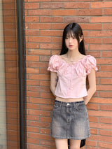 Blang shirring button puff crop short-sleeved blouse