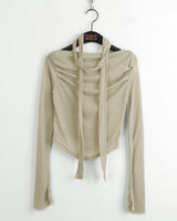 [Scape set] Kenin Shirring Pleated Off-Shoulder Crop Long-Sleeved T-shirt