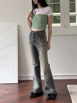 ストライプリボン レイヤード スパンチューブトップ タンクトップ /Opin Stripe Ribbon Layered Spandex Tube Top Tank Top