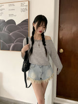フリンジアンバランスデニムショートパンツ / Kaichi Fringe Unbalanced Light Blue Denim Shorts Pants