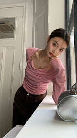 Must-have shirring long-sleeved T-shirt