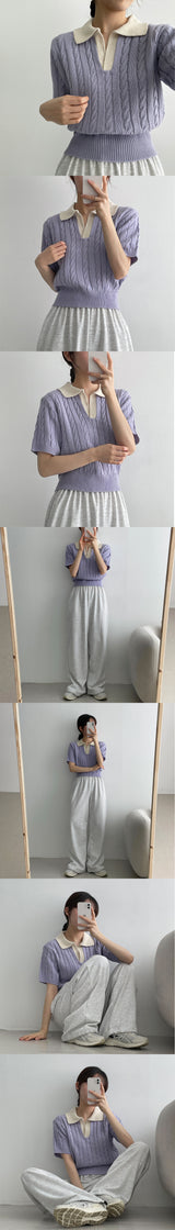 カラーリングカラーツイストクロップドショートスリーブニットウェア / colouring collar twist cropped short-sleeved knitwear