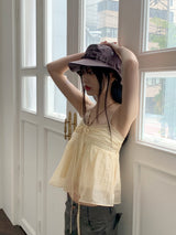 リンティーシフォンリネンフレアホルターリボンストラップノースリーブ / Linty chiffon linen flare holter ribbon strap sleeveless