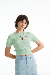 スモールチェリーケーブルクロップ丈のショットスリーブニット／SMALL CHERRY CABLE CROP SHORT SLEEVE KNIT [MINT]