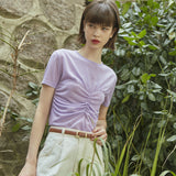 シャーリング トップ レイヤード Tシャツ / [LINE] Shirring Top Layered T-Shirt (Lavender)