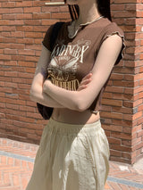 リンキービンテージプリンティングレタリングウェーブクロップド半袖 Tシャツ / Linky Vintage Printing Lettering Wave Cropped Short-Sleeved T-Shirt