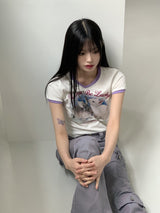 アンサーウサギプリント配色バインディングクロップ半袖Tシャツ/Answer Rabbit Print Color Matching Binding Cropped Short Sleeve T-shirt