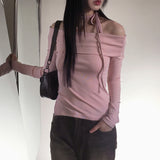 Roan fleece strap slit off-shoulder long-sleeved T-shirt