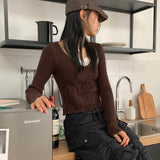 Naki ヴィンテージ Vネック リボンストラップ パンチングリブクロップロングスリーブニット