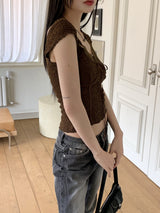 Camnes lace cut embossed cap sleeve short sleeve T-shirt