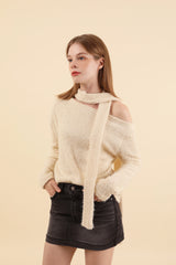 Off Shoulder Muffler Knit Set Cream