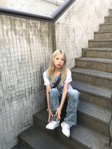 y2k ブルーホワイトローズテイルTシャツ