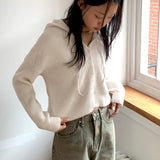 Laini button crop long sleeve hoodie knit cardigan