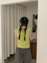 Miout Linen Twisted Collar Half Zip-up Sleeveless Vest