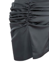 サテンドレープスリットミニスカート/Satin Draped Slit Mini Skirt _ Dark Grey