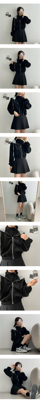 ビーズバンディングカラーリブフードジップアップ / Beads banding color ribbed hood zip-up