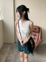 リウムプリーツシャーリングストリングノースリーブブラウス / Leeum pleated shirring string sleeveless blouse
