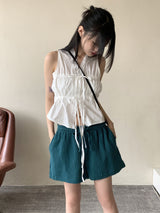 リウムプリーツシャーリングストリングノースリーブブラウス / Leeum pleated shirring string sleeveless blouse