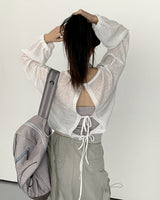 シースルー バックリボン ビーチウェア リネン 長袖 カーディガン/ Fyuber See-Through Back Ribbon Beachwear Linen Long-Sleeved Cardigan