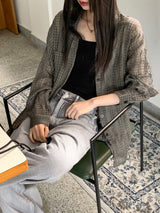 Hilchi See-Through Check Boxy Oversize Fit Long-Sleeved Shirt