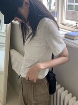 Aset Crochet Punching Lace Collar Cropped Half-Sleeved Shirt