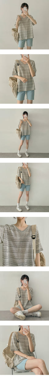 スタイライン柄Vネックニット半袖Tシャツ