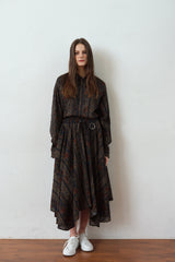 "PRE-ORDER 4/16~"  WOOD-CUT UNBALANCE FLARE SKIRT (Khaki) (6546130501750)