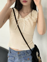 ワティラブリーシャーリングプリーツリボンVネックノースリーブ / Wati Lovely Shirring Pleated Ribbon V-Neck Sleeveless Sleeveless