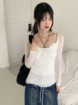 Pchiron see-through ribbon strap long-sleeve blouse