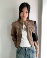 Ant no collar biker washing cropped leather jacket