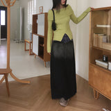 Toojen Unique Coloring Layered Back-Slit Washed Denim Long Skirt
