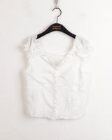 ローバエンボスパールボタン半袖ブラウス / Roba Embossed Pearl Button Short Sleeve Blouse