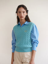 V NECK CABLE KNIT VEST BLUE