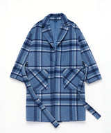 OVERSIZE WOOL CHECK ROBE COAT (Blue) / オーバーサイズウールチェックローブコート