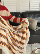 Retro stripe microfiber lamb fleece blanket - 150x200cm - Brown