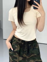 バレンベーシックインシジョンスクエアネック半袖Tシャツ/Baren Basic Incision Square Neck Short Sleeve T-shirt