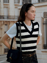 V NECK CABLE KNIT VEST BK+IV