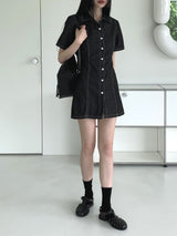 ウェディーンデニムステッチシャツ半袖ミニワンピース / Wadeen Denim Stitch Shirt Short Sleeve Mini One Piece