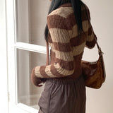 [Muffler set] Prina V-neck angora color combination striped crop long sleeve knit