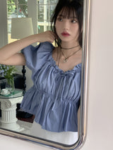Tizen ribbon shirring puff flare crop denim short-sleeved blouse