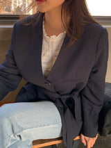 [Tie set] Oversized Collarless Jacket Belt Jacket Loose Fit V-Neck Seasonal Switch Spring Outerwear