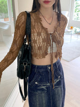 Sopop lace strap see-through flower cropped long-sleeved cardigan