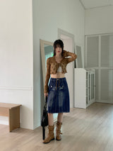 Sopop lace strap see-through flower cropped long-sleeved cardigan