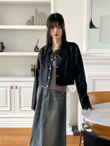 [MADE] Lawson wide collar slim crop crack leather leather jacket