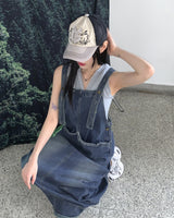 モンドナーフリンジポケットサスペンダーバックオープンロングデニムワンピース / Mondner Fringe Pocket Suspenders Back Open Long Denim Dress